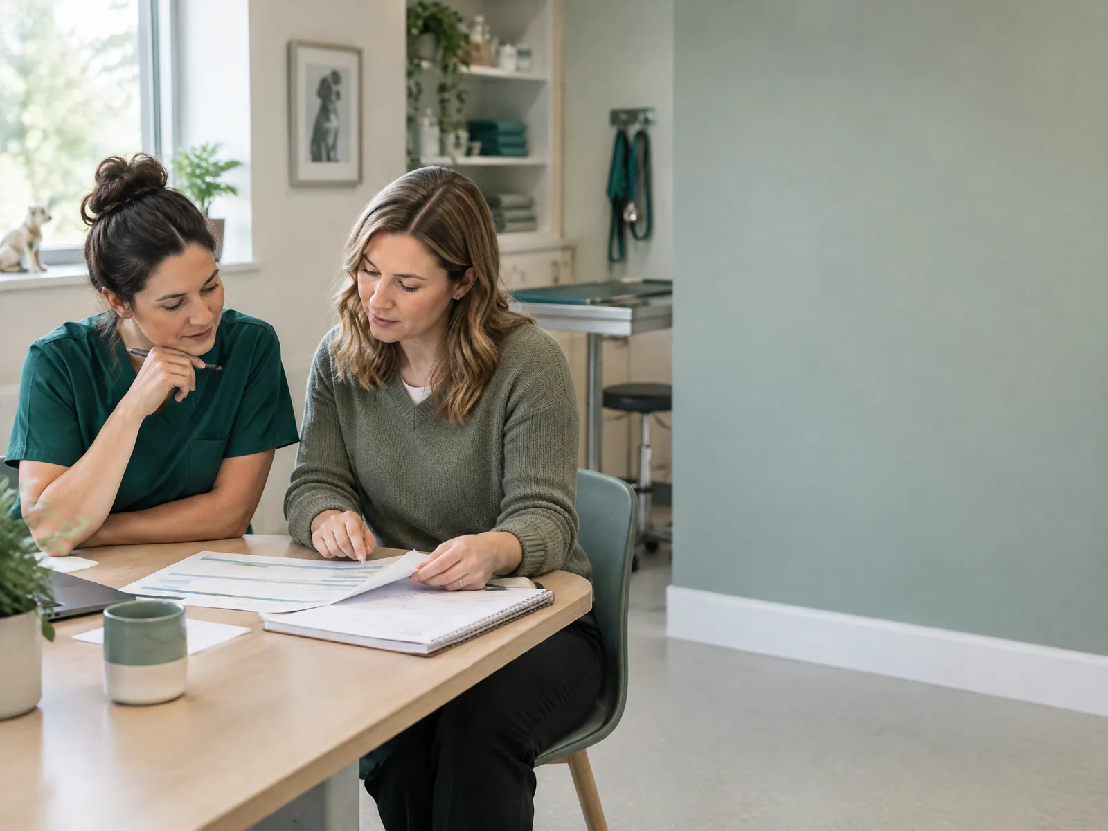 Practice manager and veterinary nurse reviewing vacancy plans